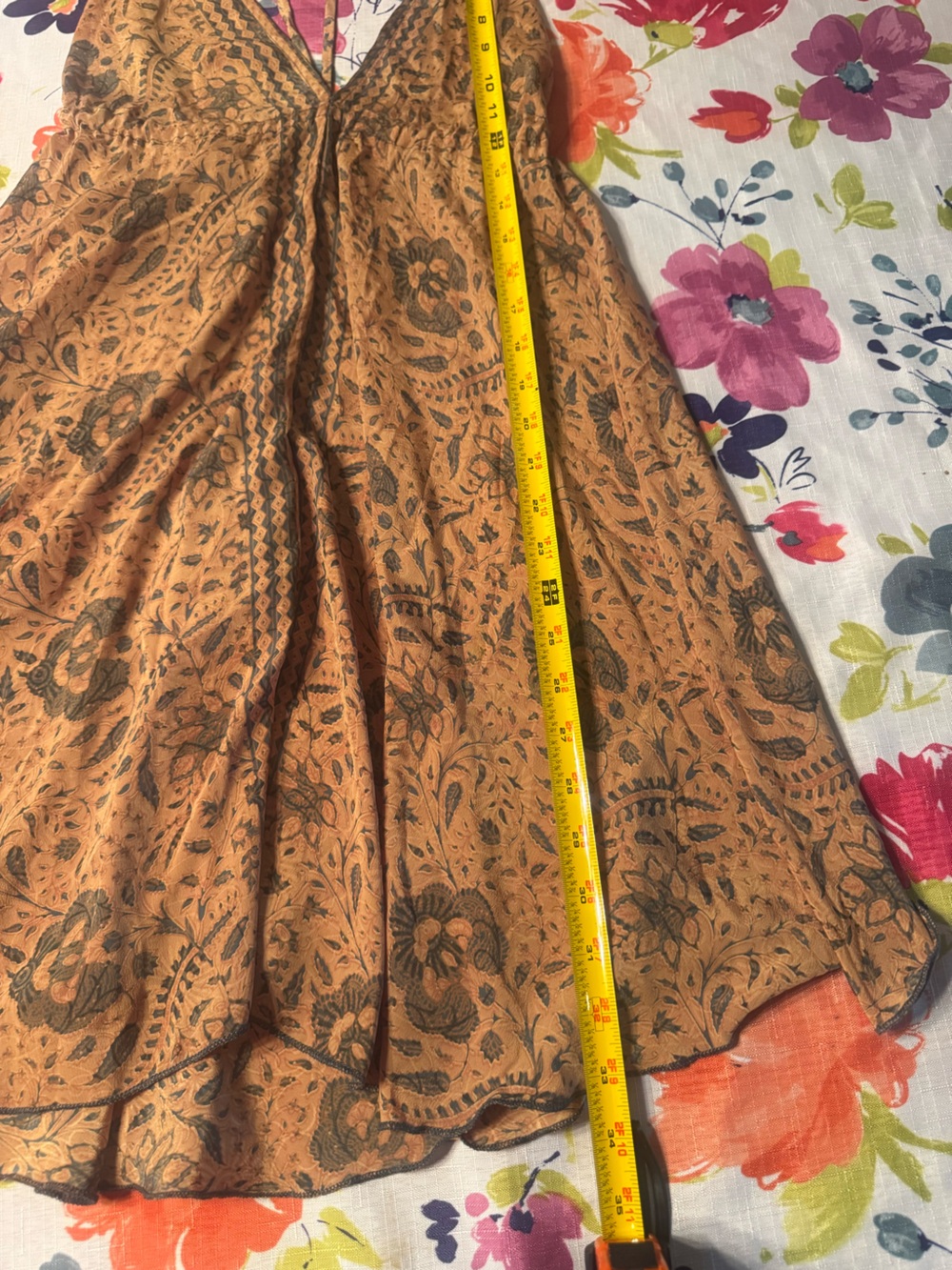 Karma Highway Boho Halter Mini Dress One Size Brown Floral Tassel Tie India B9 - Picture 7 of 9